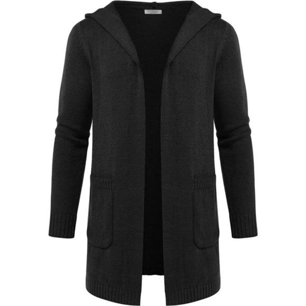 Hooded Knit Cardigan Men Long Open Front Black